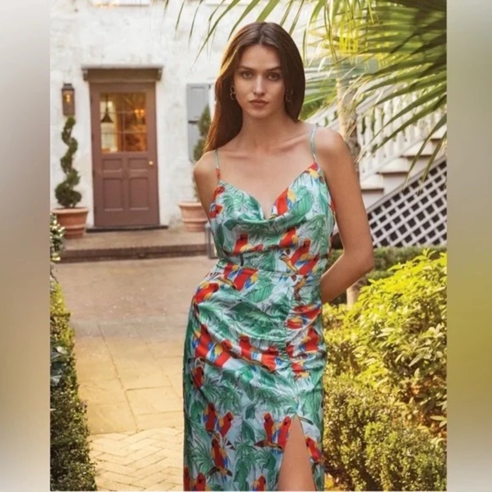 $395 Milly Parrot Print Satin Midi NWOT
